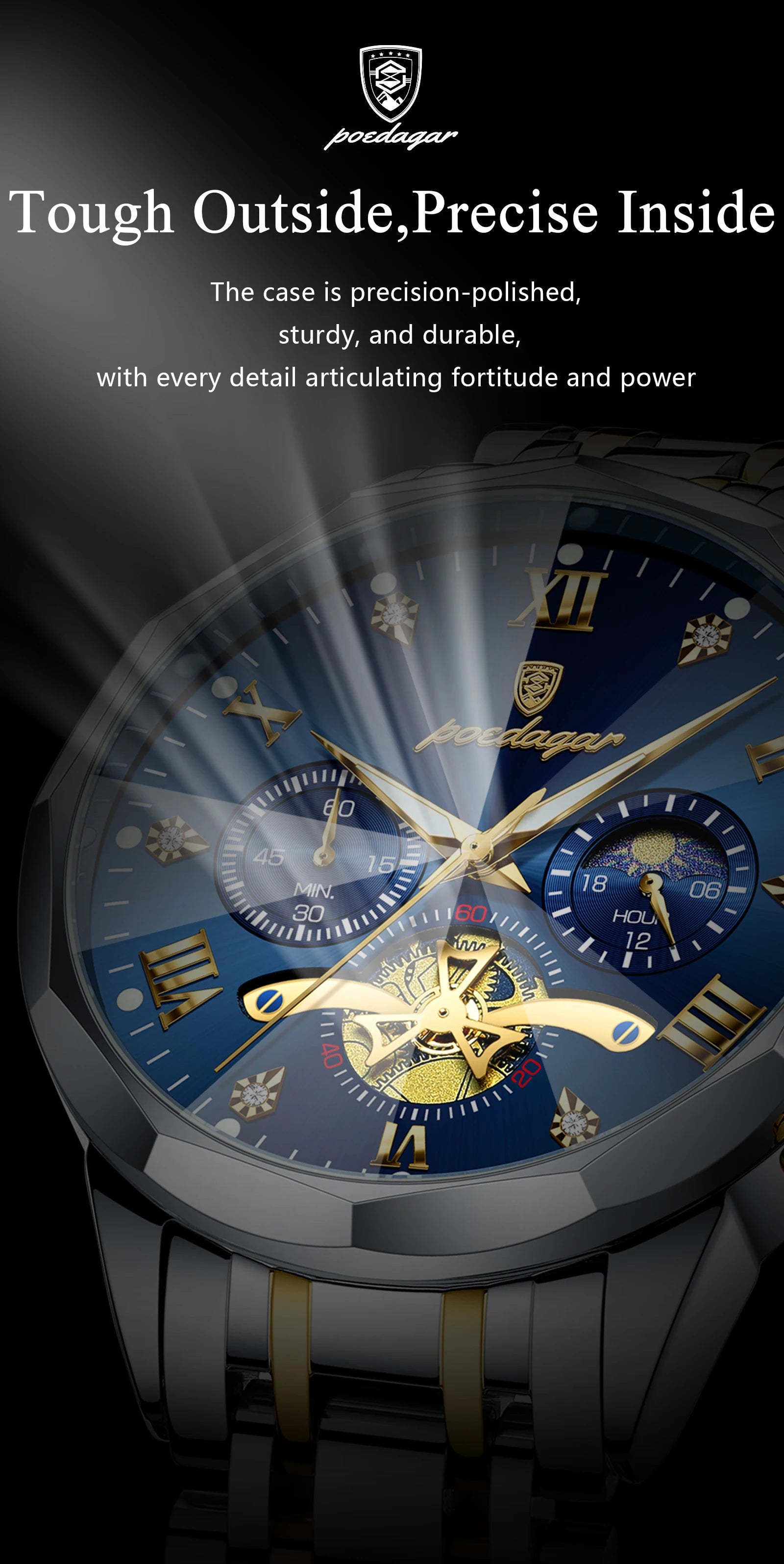 POEDAGAR Men's Luxury Chronograph Watch – Waterproof, Luminous, Stainless Steel
