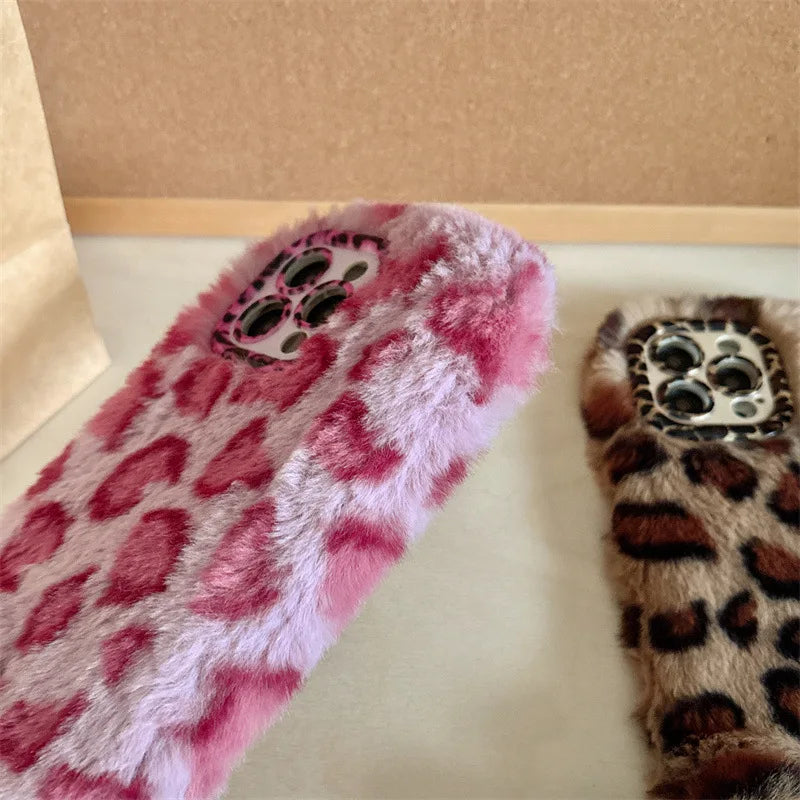 Leopard Furry Plush Phone Case with Wrist Chain – iPhone 11 to 17 Series