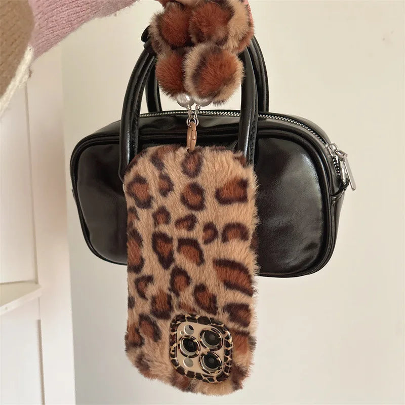 Leopard Furry Plush Phone Case with Wrist Chain – iPhone 11 to 17 Series