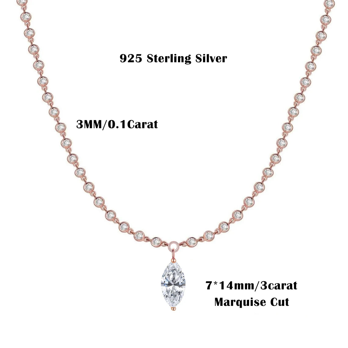 Moissanite Diamond Tennis Necklace with Marquise Pendant – 925 Sterling Silver