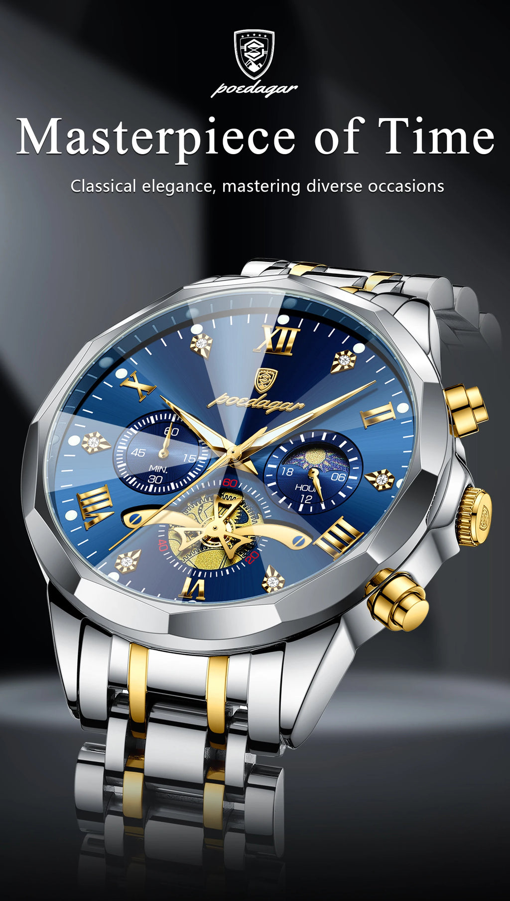 POEDAGAR Men's Luxury Chronograph Watch – Waterproof, Luminous, Stainless Steel
